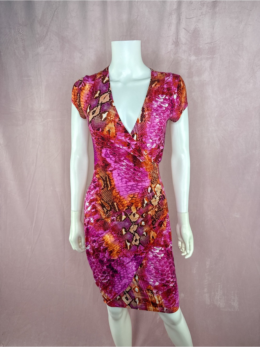 VTG Y2K Cache Bodycon Dress Stretch Size Small Pink Animal Prints Sexy